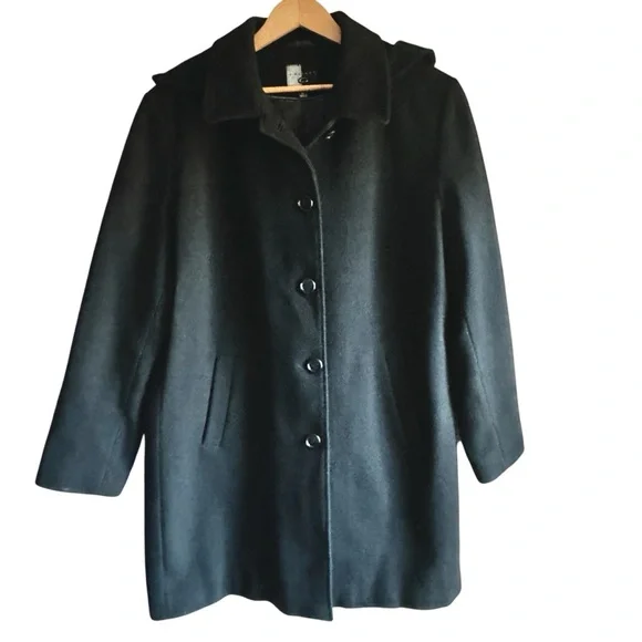 Gallery Wm’s XL Black Winter Coat 80% Wool Single Breast Detachable Hood - Picture 2 of 13